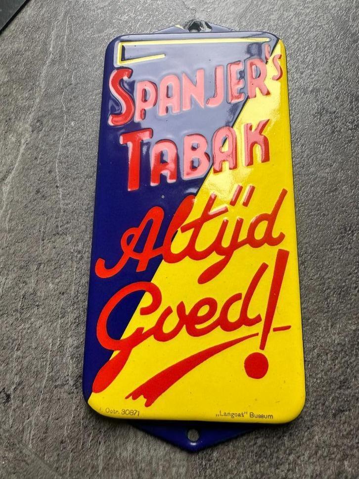 Emaille Spanjer's Tabak deurpostje. Bordje. Langcat Bussum., Verzamelen, Merken en Reclamevoorwerpen, Gebruikt, Reclamebord, Ophalen of Verzenden