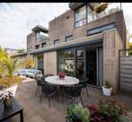 Mooie teak tuin tafel rond 160cm, incl. 6 zwarte tuinstoelen, Tuin en Terras, Ophalen of Verzenden, Rond, Teakhout