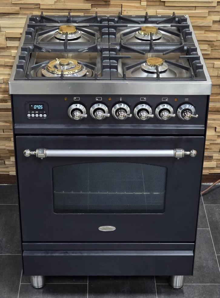 Luxe Fornuis Boretti 60cm antraciet + rvs GASOVEN, Witgoed en Apparatuur, Fornuizen, Zo goed als nieuw, Vrijstaand, Gas, 4 kookzones