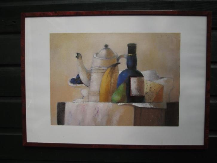 Afbeelding Stilleven Blauwe Fles Lilita Upeniece 52 x 72, Huis en Inrichting, Woonaccessoires | Schilderijen, Tekeningen en Foto's