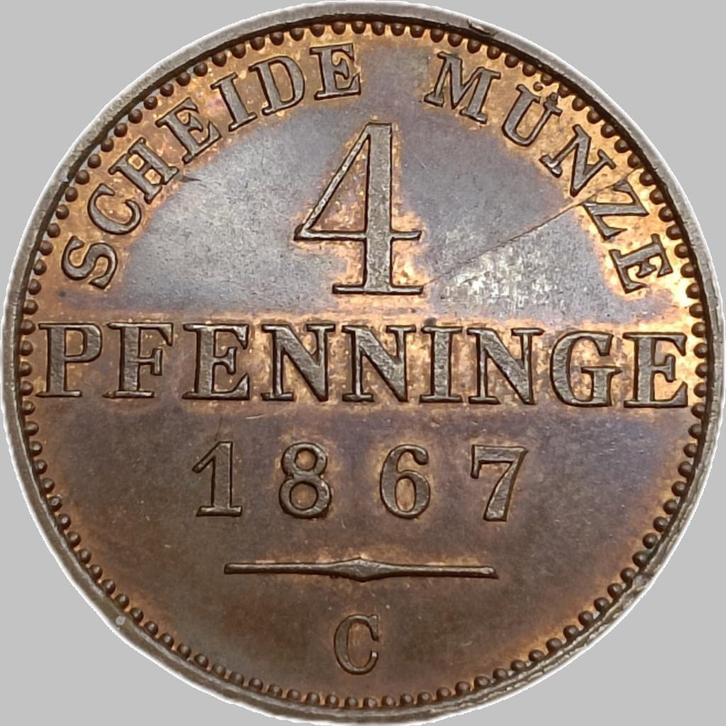 Pruisen 4 Pfennige 1867 C, Postzegels en Munten, Munten | Europa | Niet-Euromunten, Losse munt, Duitsland, Ophalen of Verzenden