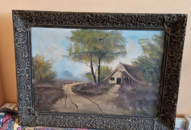 Schilderij met huisje in heidelandschap, Antiek en Kunst, Kunst | Schilderijen | Klassiek, Ophalen