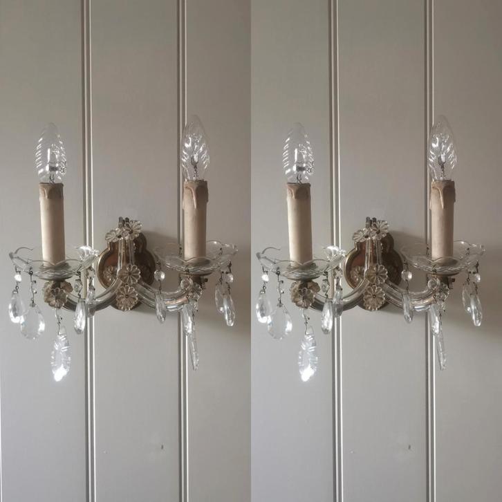 Set antieke kristallen wandlampen ~ lusters, Huis en Inrichting, Lampen | Kroonluchters, Zo goed als nieuw, Ophalen of Verzenden