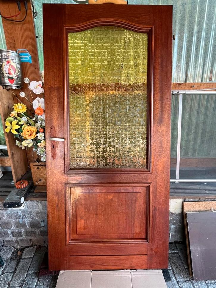 Hardhouten binnendeur met glas, Doe-het-zelf en Verbouw, Deuren en Horren, Gebruikt, Binnendeur, Minder dan 200 cm, 80 tot 100 cm