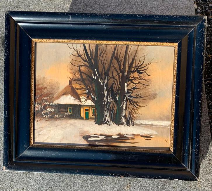 Winters Tafereel op Hout, Gesigneerd EWL, Antiek en Kunst, Kunst | Schilderijen | Klassiek, Ophalen of Verzenden