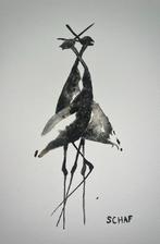Aquarel abstracte kraanvogels, Antiek en Kunst, Ophalen of Verzenden