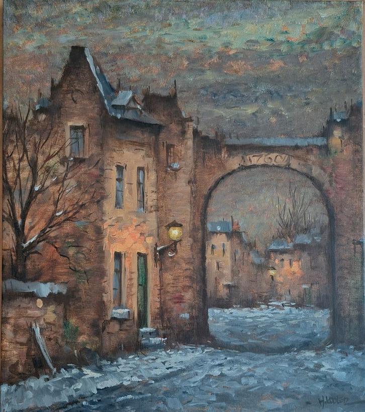 Winterlandschap met stadspoort, Harry Koolen(1904-1985), Antiek en Kunst, Kunst | Schilderijen | Klassiek, Ophalen of Verzenden