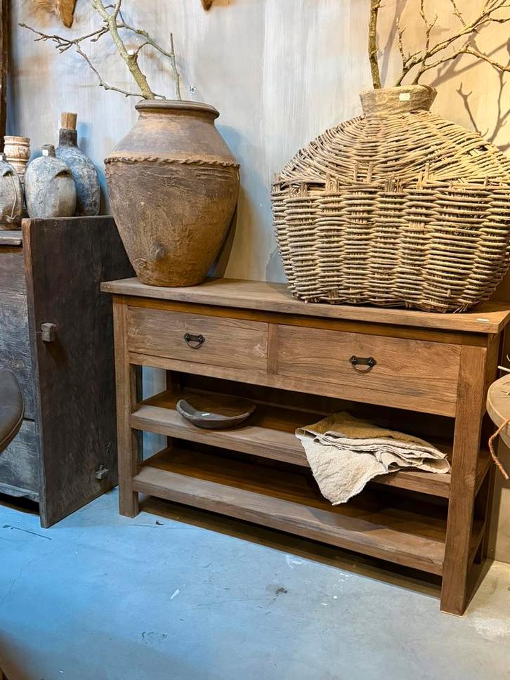 Sidetable  met schappen en laden 35 x 120 cm stoer sober, Huis en Inrichting, Tafels | Sidetables, Nieuw, 25 tot 50 cm, 100 tot 150 cm