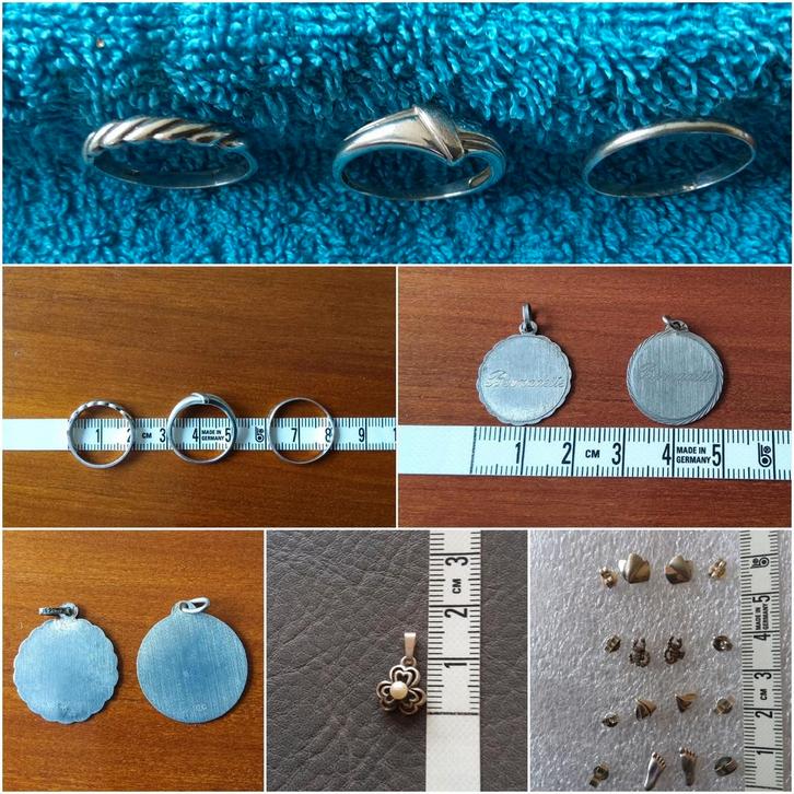 Retro zilveren 3 x ring, 4 x oorknopjes,  3 x hanger, Sieraden, Tassen en Uiterlijk, Antieke sieraden, Overige typen, Zilver, Ophalen