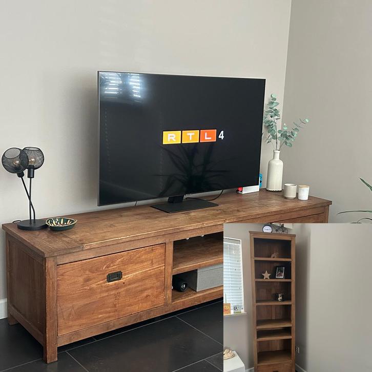 Teakhouten TV meubel en boekenkast., Huis en Inrichting, Kasten | Televisiemeubels, Gebruikt, 200 cm of meer, 50 tot 100 cm, 25 tot 50 cm