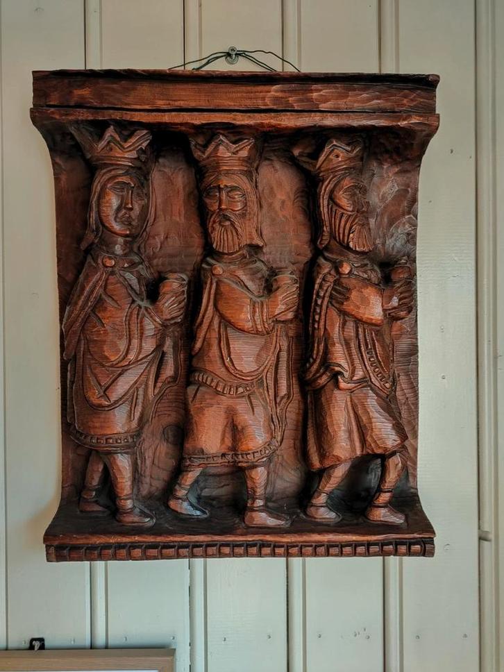 Houten Wandornament Drie Koningen Handgesneden, Antiek en Kunst, Kunst | Beelden en Houtsnijwerken, Ophalen