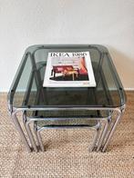 Space Age Bijzettafels - Bauhaus - Midcentury - Rookglas, Huis en Inrichting, Minder dan 55 cm, Gebruikt, Vierkant, Glas