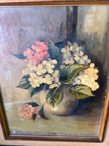 Antiek Bloemstilleven Schilderij Hortensia's Ingelijst Klass beschikbaar voor biedingen