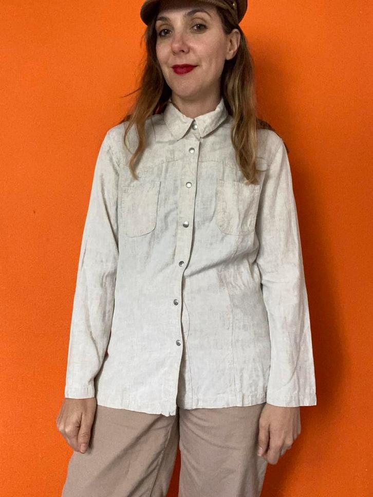 Vintage blouse / overhemd - beige / creme- 36/S, Kleding | Dames, Blouses en Tunieken, Gedragen, Maat 36 (S), Beige, Ophalen of Verzenden