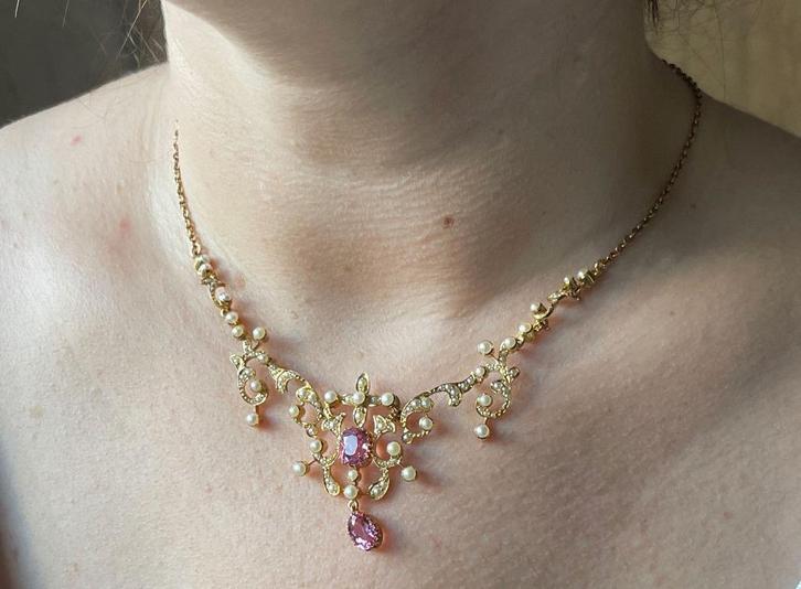 Luxe roze toermalijn zaad parels 14k gouden dames ketting, Sieraden, Tassen en Uiterlijk, Antieke sieraden, Ketting, Goud, Met edelsteen
