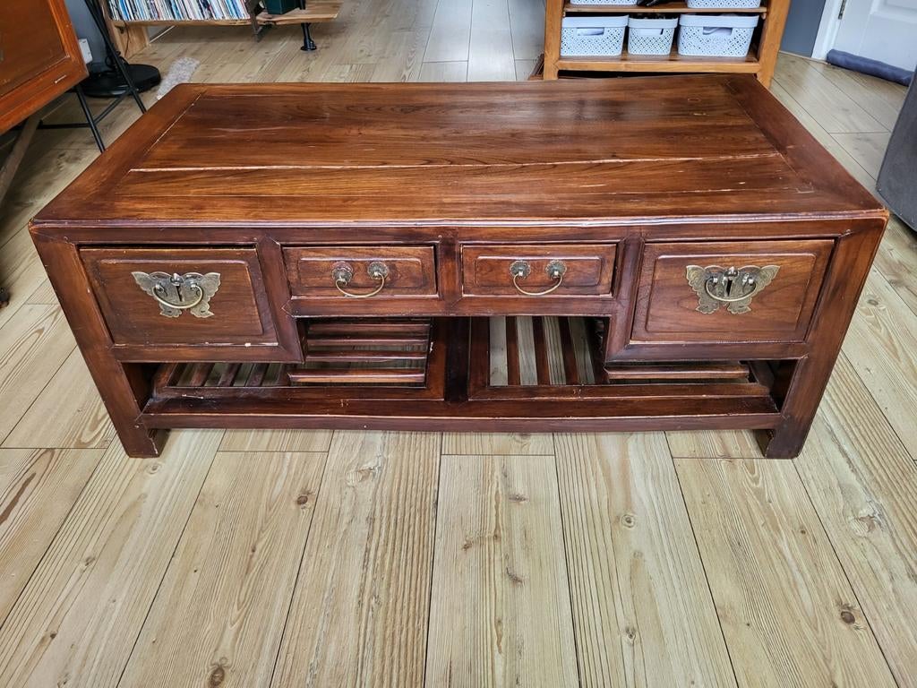 Chinese salontafel met vakwerk details, Ophalen, Gebruikt, 100 tot 150 cm, 50 tot 100 cm