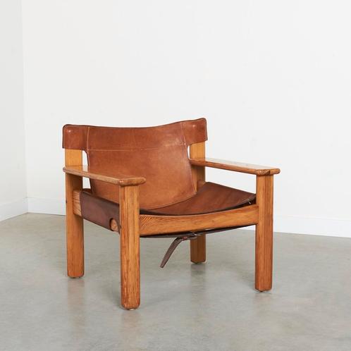 Vintage design fauteuil tuigleer jaren 70 midcentury stoel, Huis en Inrichting, Fauteuils, Gebruikt, Hout, Leer, 50 tot 75 cm