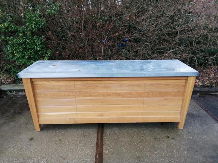 Mobiele Buitenkeuken eiken Bartafel/BBQ tafel+zinkblad, Tuin en Terras, Buitenkeukens, Houtskool, Ophalen