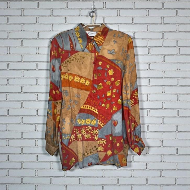Vintage Blouse Maat 40 Multikleur Retro Cupro Unisex, Kleding | Dames, Blouses en Tunieken, Zo goed als nieuw, Maat 38/40 (M)