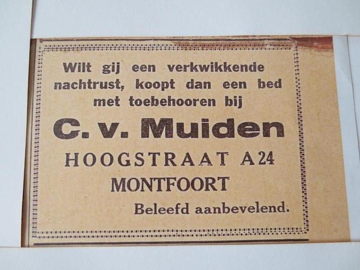 Advertentie Knipsel: C.v.Muiden Hoogstraat A24  Voor Bedden., Verzamelen, Tijdschriften, Kranten en Knipsels, Knipsel(s), Nederland
