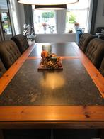 Mooie eiken tafel met ingelegd belgisch hardsteen, Ophalen, 100 tot 150 cm, Eikenhout, 200 cm of meer