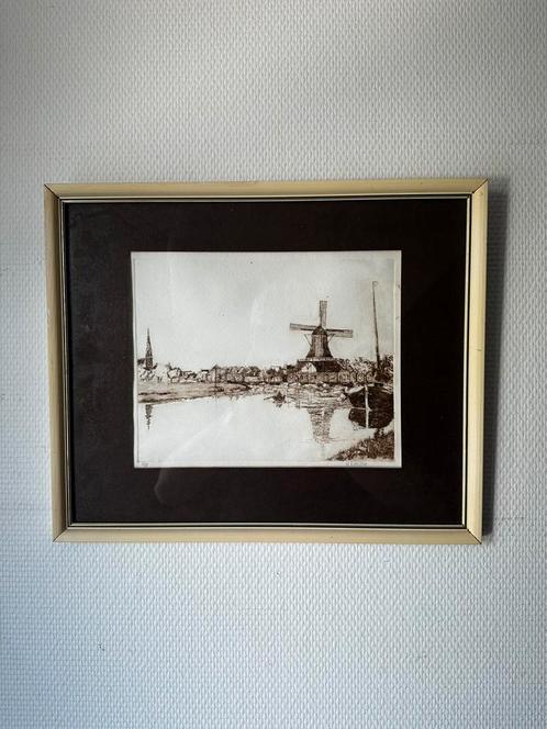 Gesigneerde ets – H. Kooistra – Hollands molengezicht, Antiek en Kunst, Kunst | Etsen en Gravures, Ophalen of Verzenden