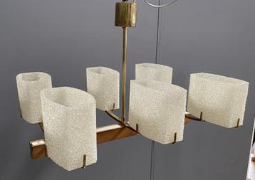 60 jaren hang lamp messing & hout 6 kunststof suikerkap  beschikbaar voor biedingen
