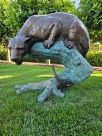 BRONZEN LUIPAARD OP BOOMSTAM, RUIME KEUZE BRONS TUINBEELDEN, Ophalen of Verzenden, Gebruikt, Overige materialen, Dierenbeeld