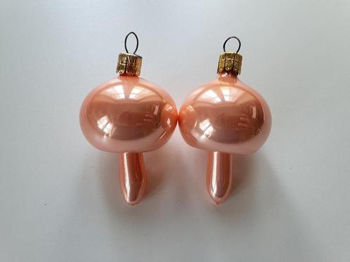 2x Vintage Jaren '90 Glazen Kerstbal Paddenstoel - Roze/Zalm, Diversen, Kerst, Zo goed als nieuw, Ophalen of Verzenden
