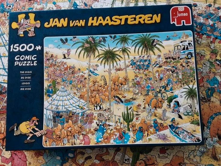 Jan v Haasteren 1500 stukjes, de oase, kamelen, Hobby en Vrije tijd, Denksport en Puzzels, Zo goed als nieuw, 500 t/m 1500 stukjes