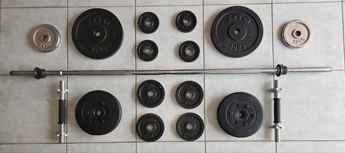 Halterstang, 2xdumbellbars & 50kg schijven: Zie Beschrijving, Sport en Fitness, Fitnessmaterialen, Gebruikt, Halterset, Armen