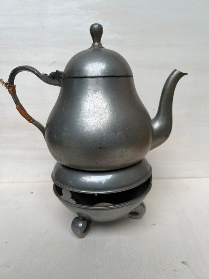Tinnen Theepot met Warmhouder Meeuws & Zoon Den Haag, Antiek en Kunst, Antiek | Tin, Verzenden