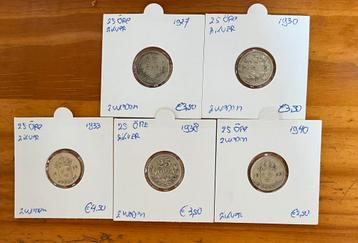 Partij van 5 zilveren munten uit Zweden tussen 1927-1940 beschikbaar voor biedingen