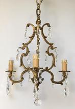 Drie armige Franse bronzen kroonluchter met kristalglas, Ophalen of Verzenden, Gebruikt, Glas