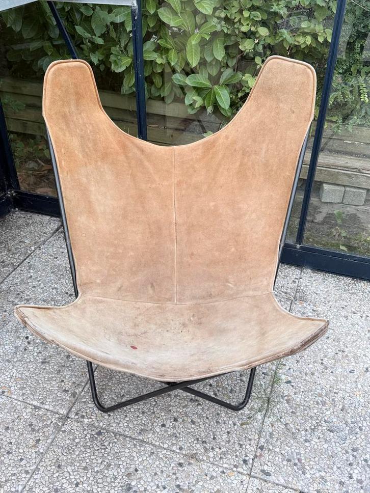 Vintage Vlinderstoel Leer - 1960s Design, Huis en Inrichting, Stoelen, Gebruikt, Eén, Leer, Bruin, Ophalen