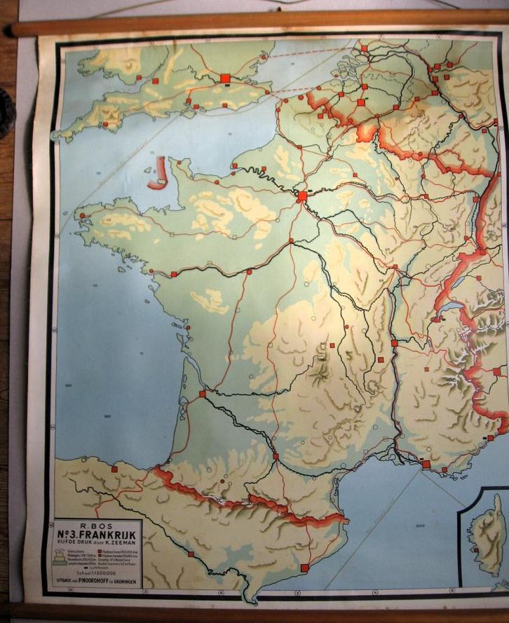 Blinde landkaart van Frankrijk, P. Noordhoff jaren 30/50, Antiek en Kunst, Antiek | Schoolplaten, Aardrijkskunde, Ophalen of Verzenden