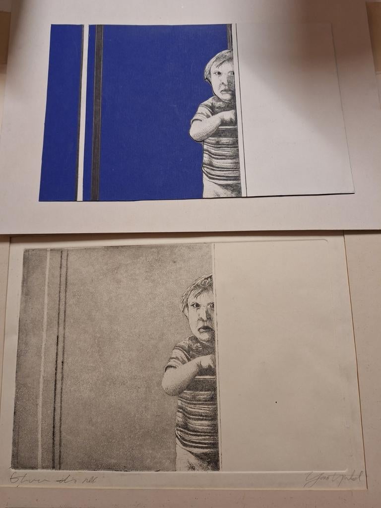 Ets van een glurend  kind + collage + etsplaat, Antiek en Kunst, Ophalen of Verzenden