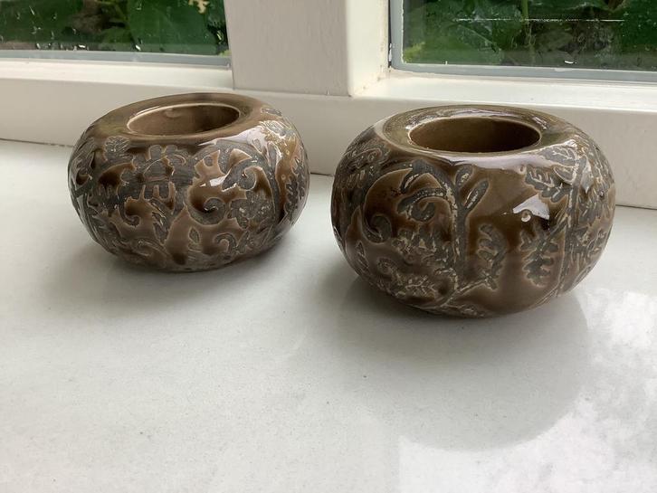 2x bruin grijs PTMD waxinelichtje waxinelichthouder, Huis en Inrichting, Woonaccessoires | Kandelaars en Kaarsen, Zo goed als nieuw