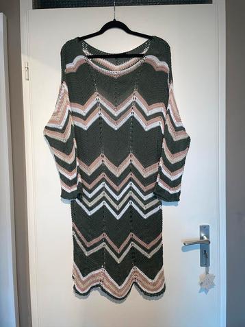 khaki roze zig zag gehaakte trui tuniek jurk dress mt 44 beschikbaar voor biedingen