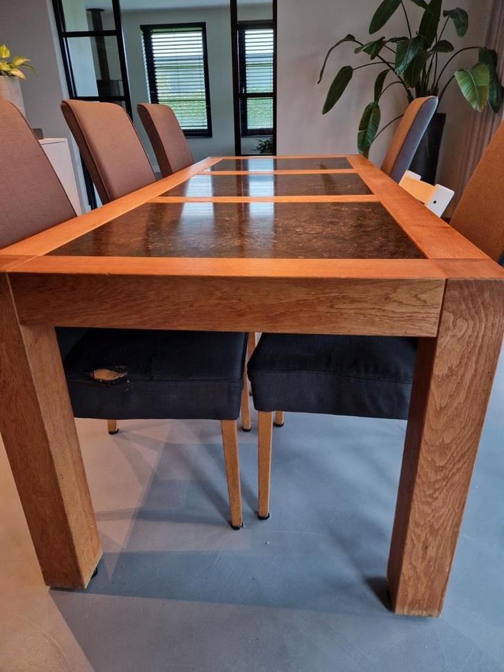 Houten eettafel met leisteen blad, Huis en Inrichting, Tafels | Eettafels, Gebruikt, 50 tot 100 cm, 200 cm of meer, Vijf personen of meer