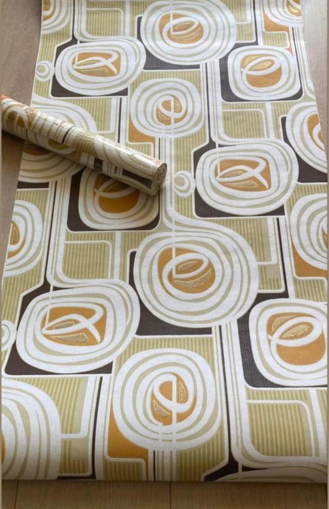 5725 Retro geometrisch behang bruin beige groen oker 70s, Huis en Inrichting, Stoffering | Behang, Beige, minder dan 10 m², Ophalen of Verzenden