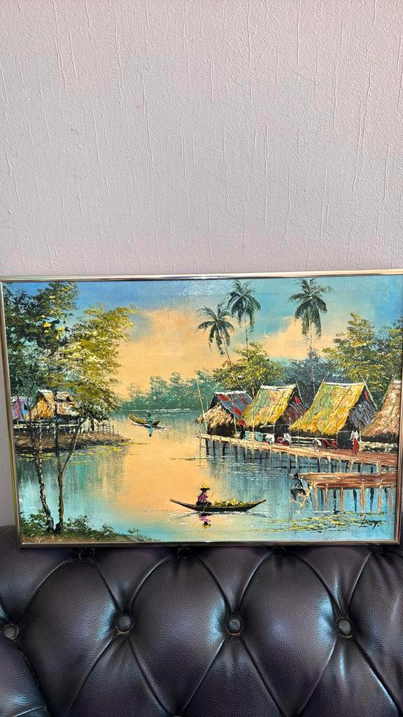 Leuk vintage schilderij Aziatische voorstelling gesigneerd, Antiek en Kunst, Kunst | Niet-Westerse kunst, Ophalen of Verzenden