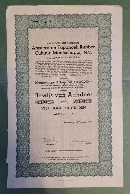 Amsterdam Tapanoeli Rubber cultuur maatschappij1937 aandelen, Postzegels en Munten, Aandelen en Waardepapieren, Aandeel, 1920 tot 1950