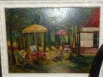 Olieverf schilderij, terras in bos., Antiek en Kunst, Ophalen of Verzenden