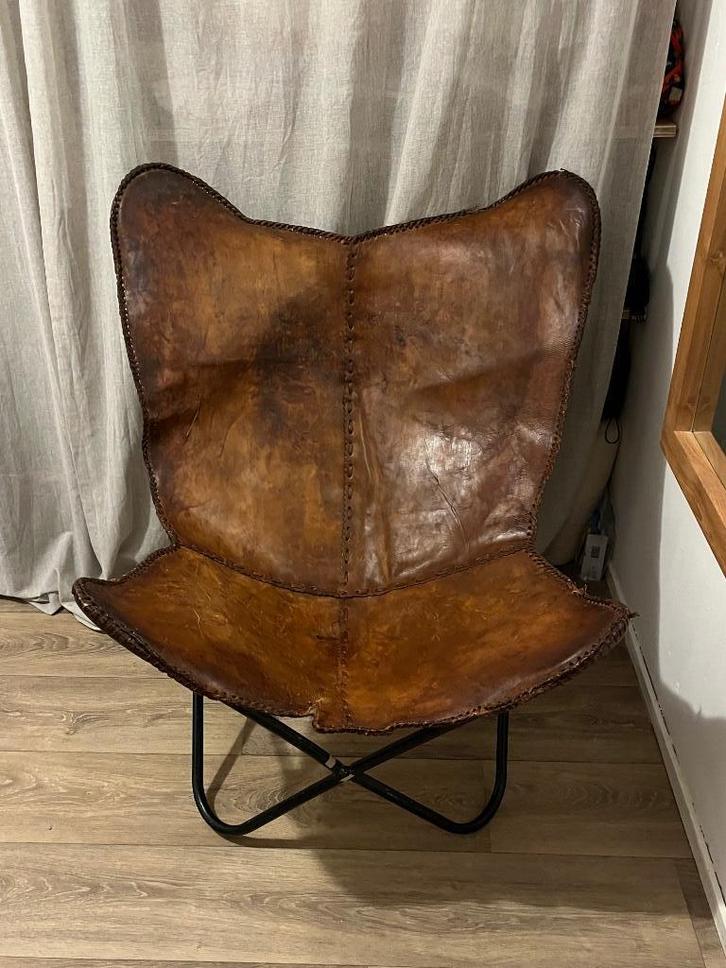 Vlinderstoel, Huis en Inrichting, Stoelen, Gebruikt, Eén, Leer, Bruin, Ophalen