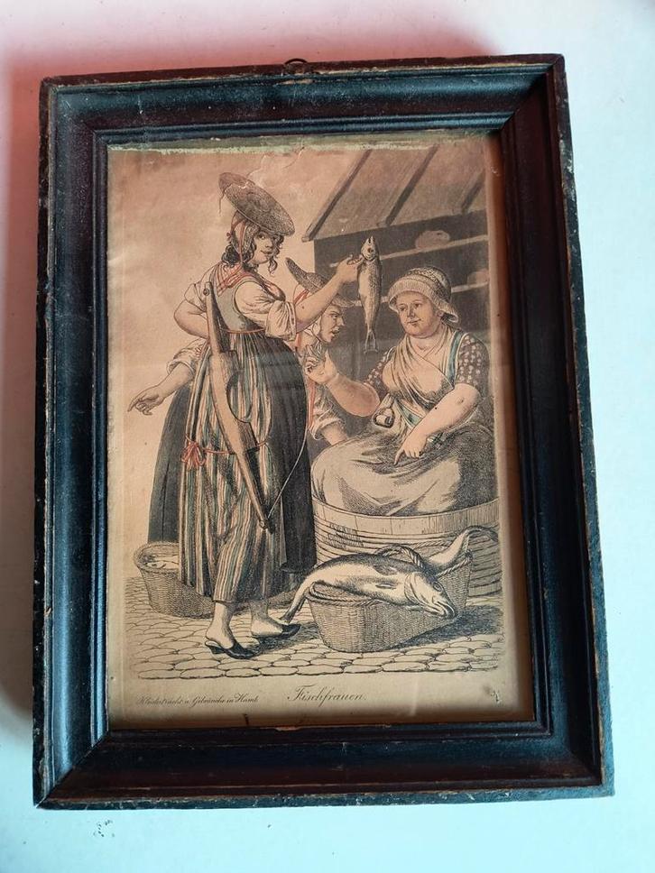 Visvrouwen vishandel Handgekleurde ets Christoffer Suhr 1818, Antiek en Kunst, Kunst | Etsen en Gravures, Ophalen of Verzenden