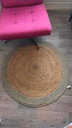 Vloerkleed handgemaakt met olijfgroene rand 90 cm jute, 50 tot 100 cm, Bruin, Rond, Zo goed als nieuw