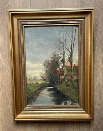 Schilderij op paneel, goudkleurige lijst, gesigneerd beschikbaar voor biedingen