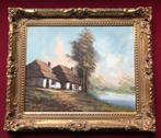 Schilderij boerderij aan water in fraaie lijst, Antiek en Kunst, Ophalen of Verzenden