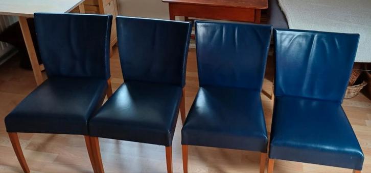 4 Montis Dione eetkamerstoelen - blauw leder, Huis en Inrichting, Stoelen, Gebruikt, Vier, Hout, Leer, Blauw, Ophalen
